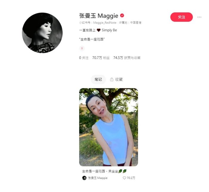 ▲张曼玉今年8月初开设小红书，已吸纳近百万粉丝关注。