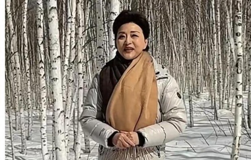 58岁杨澜在漠河，穿羽绒服，系围巾，穿小脚裤，走在雪地里